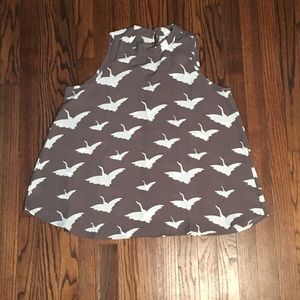 LOFT Gray Bird Print Blouse